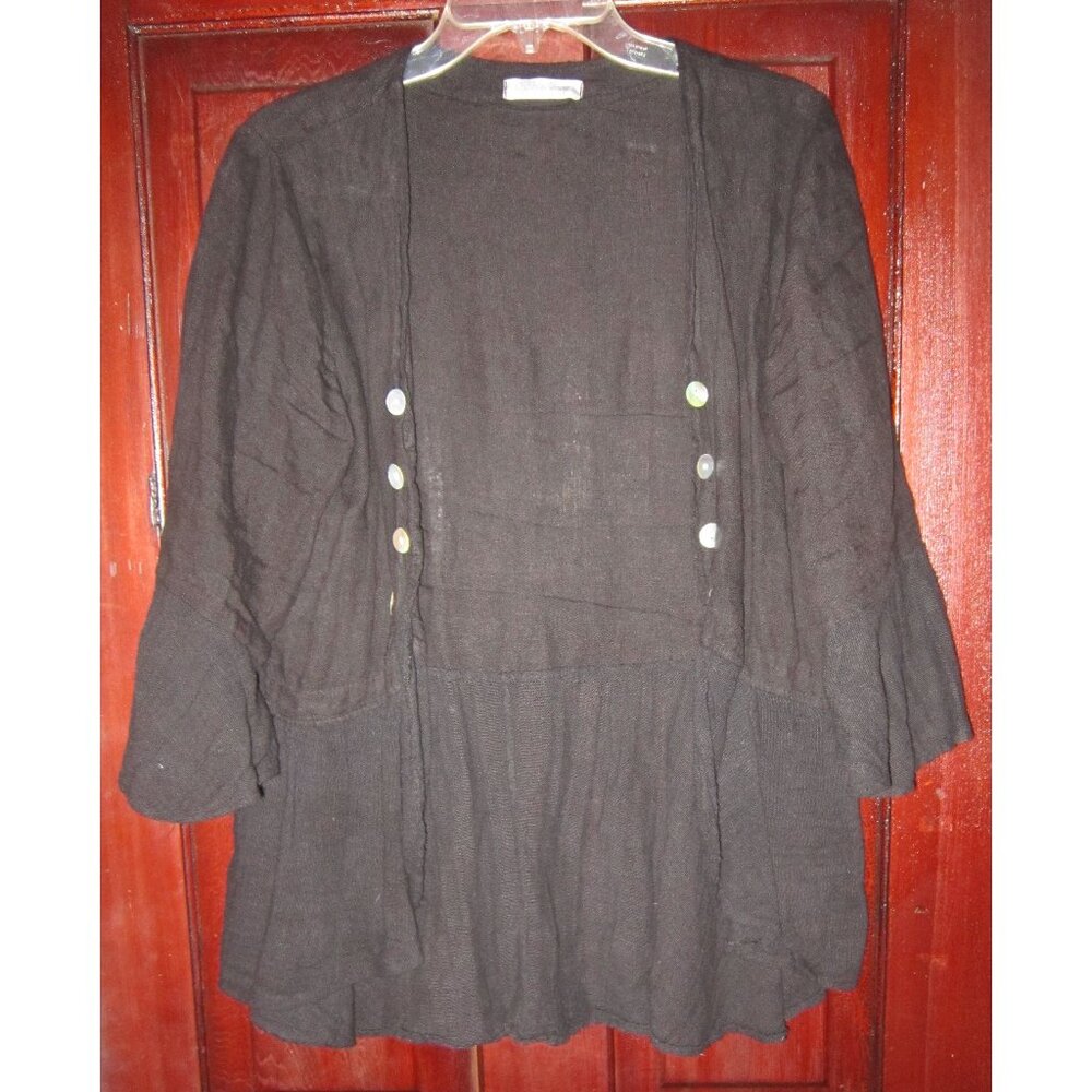 CobbleStone Italy Sz S Open Jacket Blouse Top Shirt Linen Black Lagenlook Topper